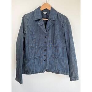 J Jill Blue Cotton Chambray Blazer Jacket Tailored Button Front Womens 8 Career